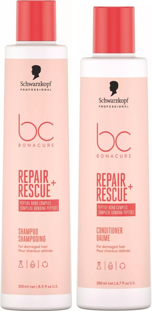 To flasker med hårpleieprodukter fra Schwarzkopf Professional, merket Repair Rescue for skadet hår.