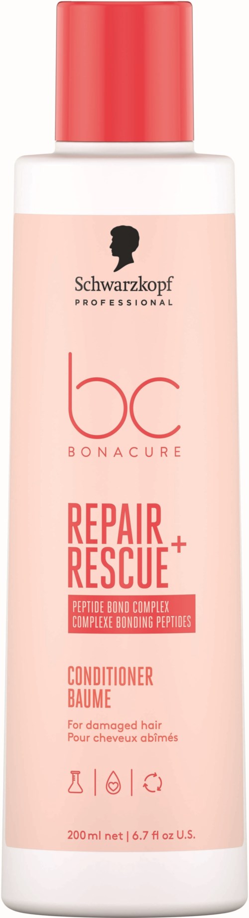 En rosa og hvit flaske av Schwarzkopf BC Bonacure Repair Rescue balsam for skadet hår.