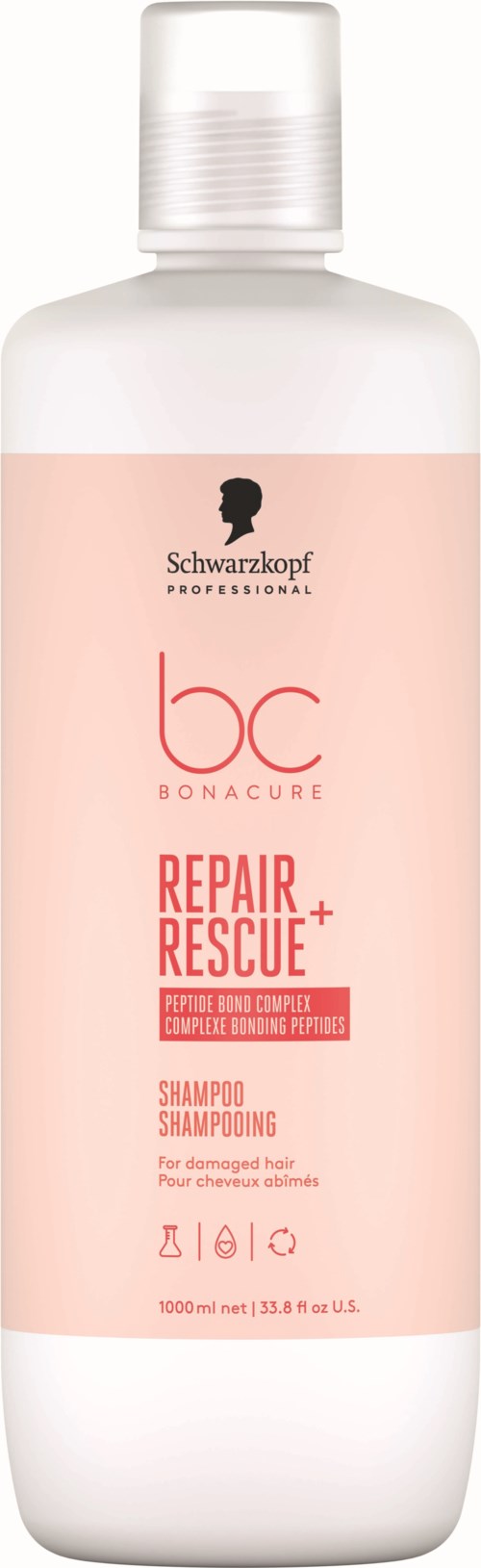 En hvit flaske med rosa etikett som inneholder Schwarzkopf BC Bonacure Repair Rescue sjampo for skadet hår.