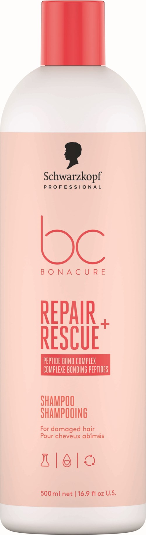 En rosa og hvit sjampoflaske med rød hette, merket Schwarzkopf, Repair Rescue, for skadet hår.
