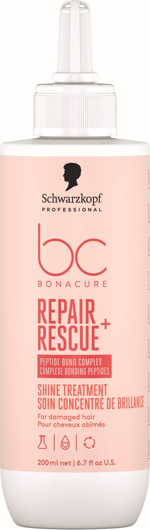 En rosa flaske med spraytop, merket Schwarzkopf professional repair and rescue for skadet hår.