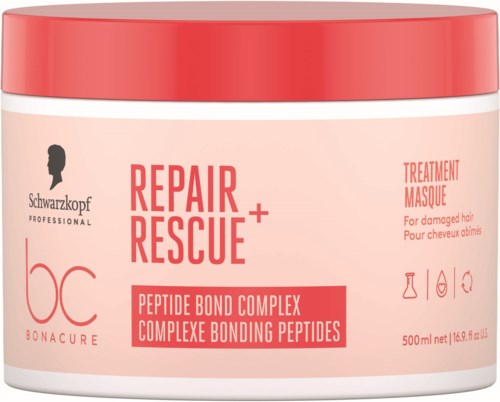 En rosa og rød krukke merket Schwarzkopf Repair Rescue med ord om peptider og behandling for skadet hår.