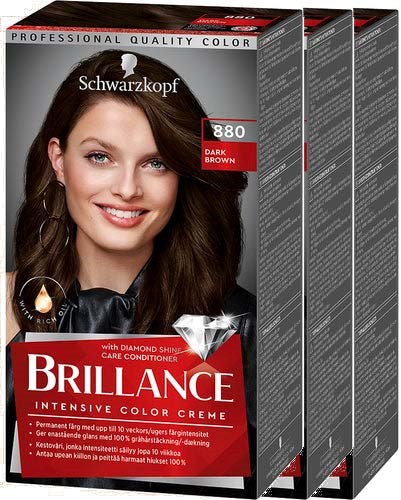 A hair dye package shows a smiling woman with brown hair. Text states "Brillance" and mentions care and color. Depth of the image is three boxes.
