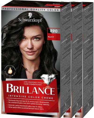 Hårfargeboksom viser en kvinne med mørkt svart hår, merkenavn 'Brilliance', og fargekode 890, svart.
