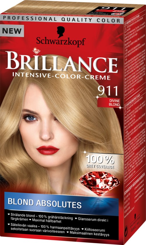 En box med Schwarzkopf Brillance hårfärgningskräm i nyans 911 Divine Blonde, med en kvinna med blont hår och röd läppstift.