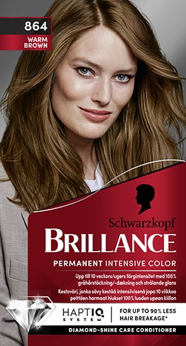 En kvinna med långt, brunt hår och blå ögon ler. Förpackningen är för Schwarzkopf hårfärg i varmt brunt.