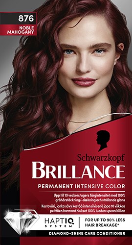 Een vrouw met lang, golvend kastanjebruin haar en een lichte huid. De verpakking vermeldt langdurige haarkleur. Ziet er professioneel uit.