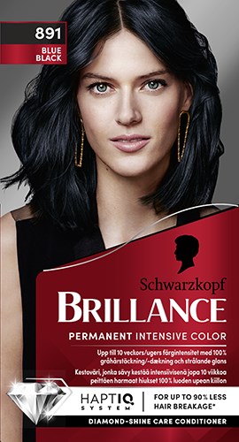 Logo för Schwarzkopf Brillance hårfärgningsprodukt med ett kvinnligt ansikte och produktdetaljer.