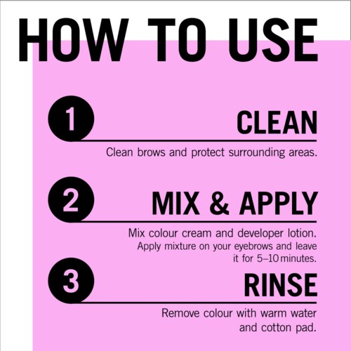 A pink instruction chart explains applying eyebrow color: clean, mix and apply, then rinse with water and cotton pad.