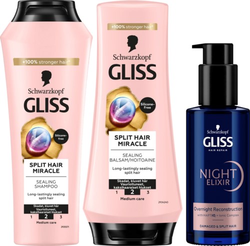 Three hair care products are shown: two bottles of shampoo and one blue spray bottle, all designed for damaged or split hair.