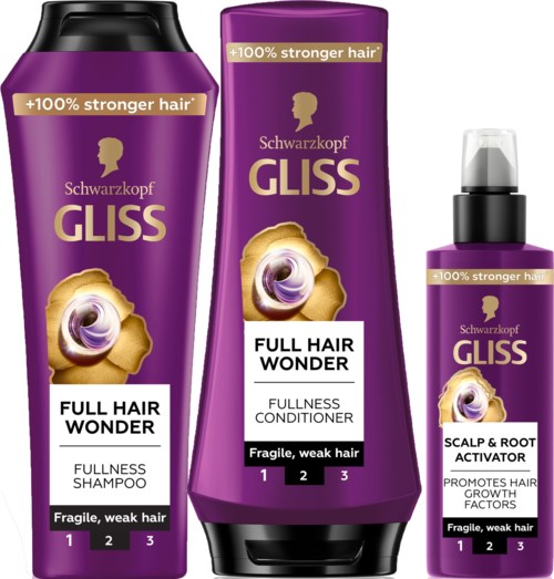 Drie paarse haarverzorgingsproducten van Schwarzkopf Gliss voor broos, zwak haar. Shampoo, conditioner en hoofdhuidactivator met goud en paars ontwerp.