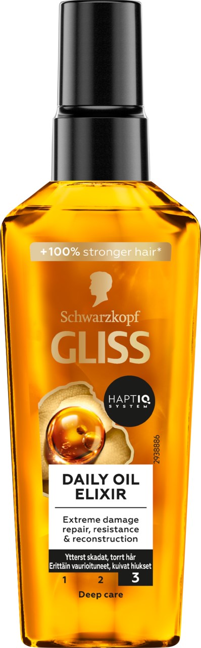 En gul flaska med svart lock, märkt Gliss Daily Oil Elixir för hårreparation och stärkande.