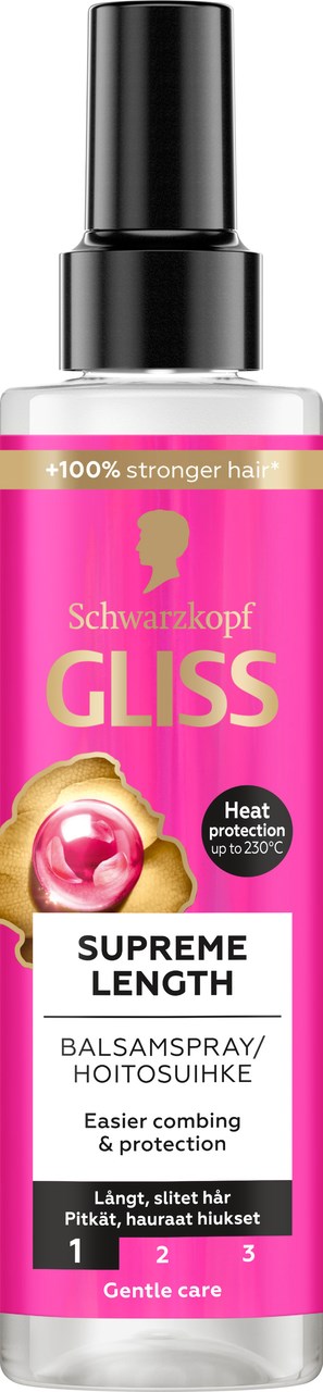 En rosa och vit sprayflaska märkt 'Gliss' ger värme protect för långt, skadat hår. Den har ett svart sprayhuvud.