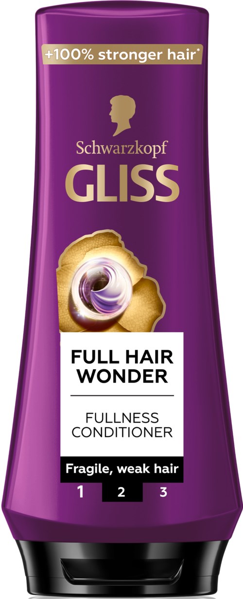 Een paarse fles Schwarzkopf Gliss haarconditioner voor zwak, breekbaar haar en vol haar.