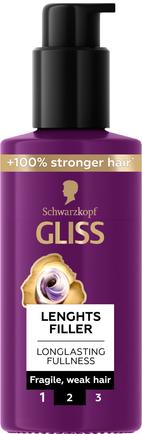 Paars fles met zwarte pomp gemarkeerd "Gliss" en "Lengths Filler" voor zwak haar, beweert haar sterker te maken.