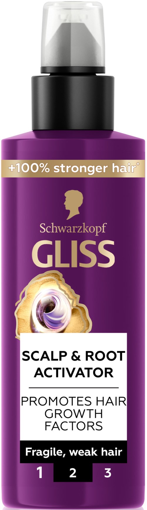 Een paarse fles met label Gliss hoofdhuid- en wortelactivator voor zwak haar, bevordert haargroei.