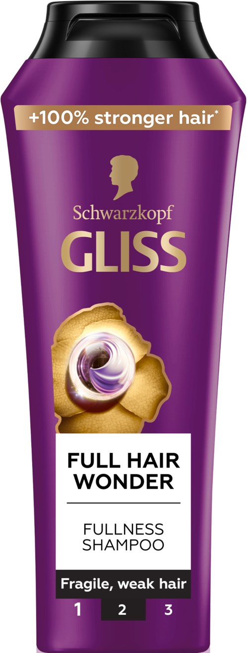 Een paarse fles Schwarzkopf Gliss Full Hair Wonder shampoo voor breekbaar, zwak haar, met een zwarte dop en label.