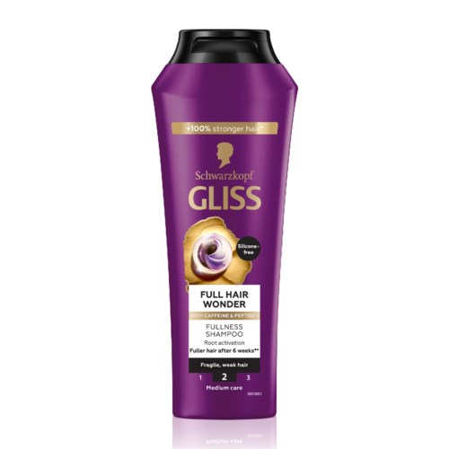Paars flesje Gliss shampoo voor vol haar, met gouden label en spiraalontwerp, beweert het haar te versterken.
