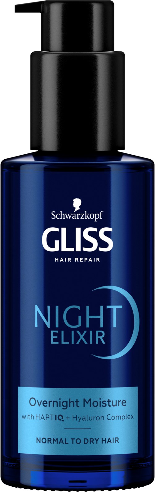 A dark blue bottle with a black pump. Labels say it is a night elixir hair treatment for normal to dry hair.