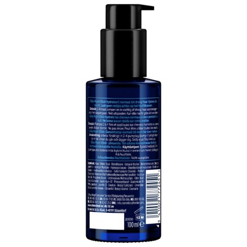 A dark blue bottle with a black pump, containing hair or skin product, with text on the label.