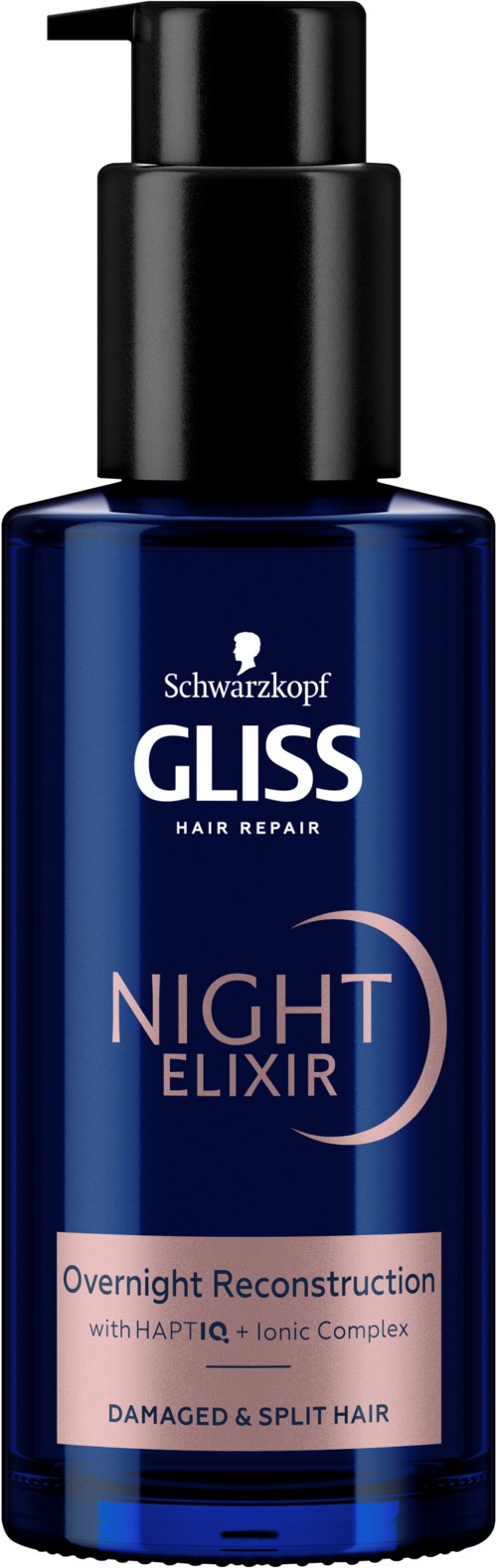 Een donkerblauwe fles met pump, gelabeld 'Night Elixir' voor haarherstel, beschadigd of gespleten haar.