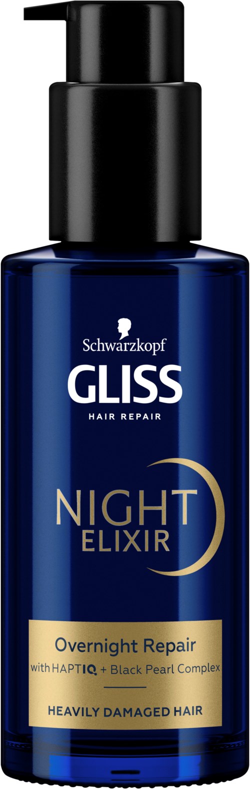 Donkerblauwe fles met zwarte pomp, gelabeld 'Night Elixir' voor haarherstel, voor beschadigd haar.