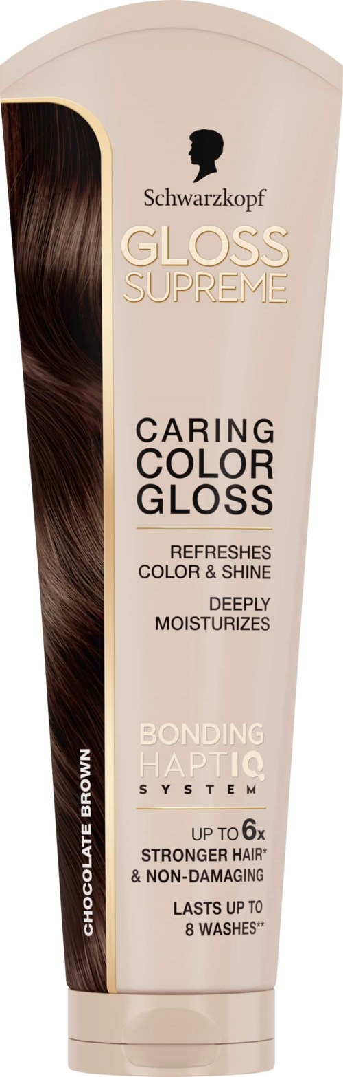 A tube of Schwarzkopf Gloss Supreme Caring Color Gloss hair product with brown hair strands and product information.