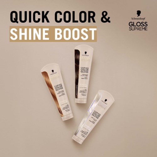 Three tubes of Schwarzkopf Caring Color Gloss Shine Boost hair treatment arranged diagonally on a beige background.