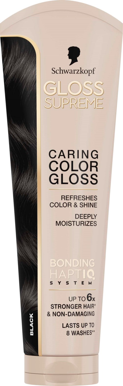 A tube of Schwarzkopf Gloss Supreme Caring Color Gloss hair product with black and beige design and product details.