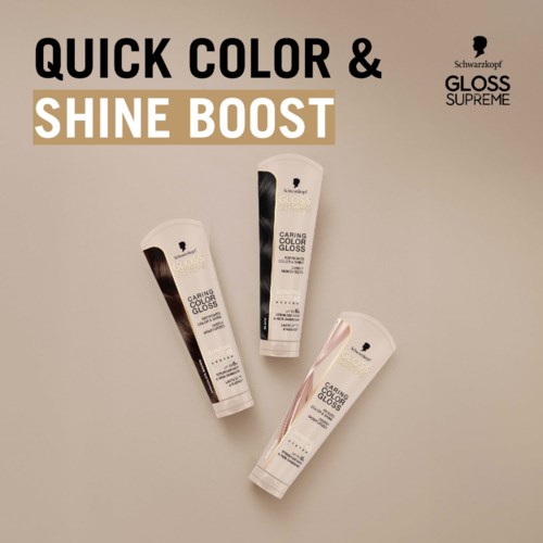 Three tubes of Schwarzkopf Caring Color Gloss shine booster products arranged on a light background.