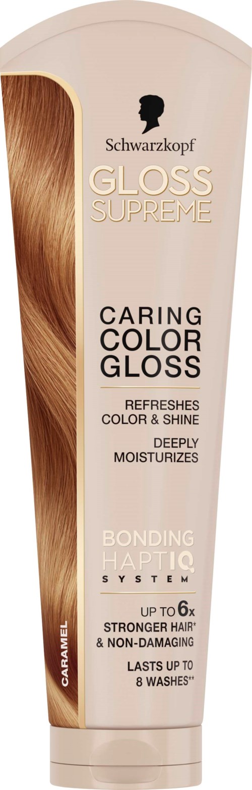 A bottle of Schwarzkopf Gloss Supreme Caring Color Gloss for hair with a beige and gold design. Showcases product details.