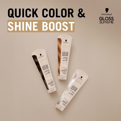 Three tubes of Schwarzkopf Gloss Supreme caring color gloss with different shades on a beige background.