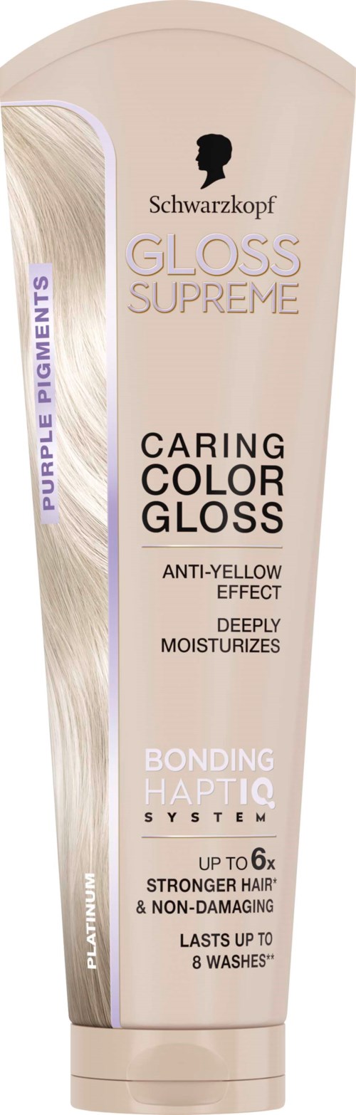 Caring Color Gloss shampoo bottle from Schwarzkopf, designed to enhance hair color and strength with anti-yellow effect.