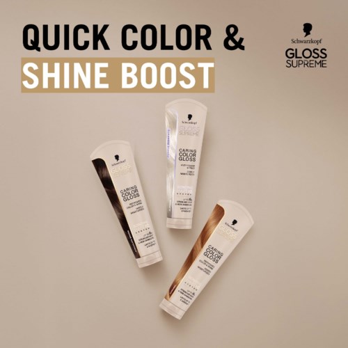 Three tubes of Schwarzkopf Gloss Supreme color gloss hair treatment with text about quick color and shine boost.