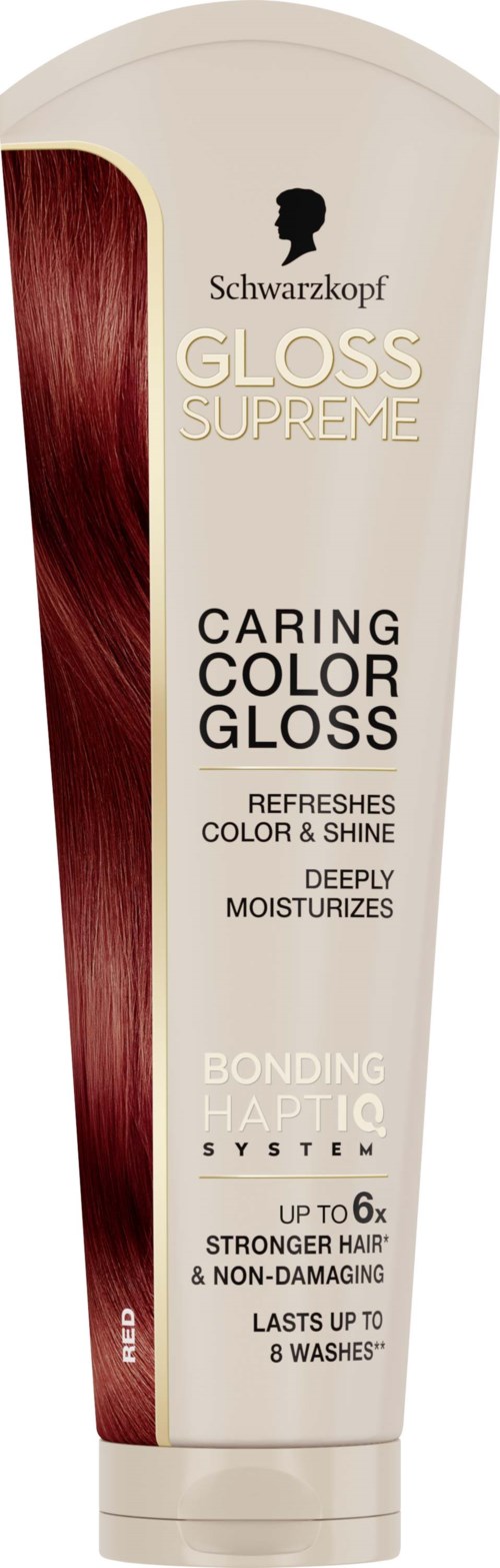 A tube of Schwarzkopf gloss care with a beige cap and red hair graphic on the front, and text describing product benefits.