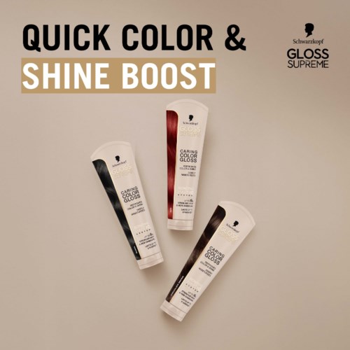 Three tubes of Schwarzkopf Gloss Supreme hair gloss with different color shades, arranged in a fan shape against a light background.