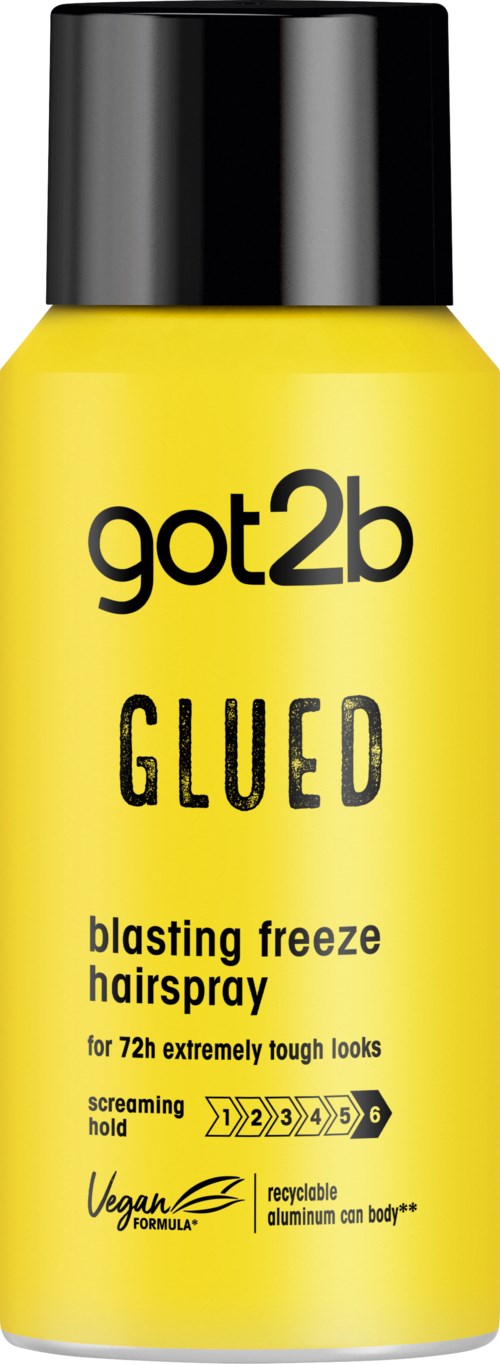 Gele fles met zwarte dop, label 'got2b GLUED blasting freeze hairspray', voor stevig haar.