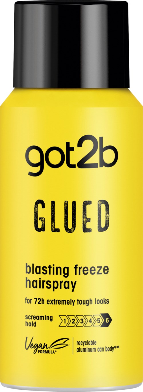 Een gele en zwarte spuitbus met 'got2b glued' voor kapsels, met instructies en vegan-logo.