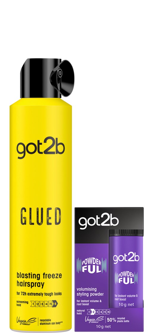 En gul sprayflaske merket "got2b" og en svart og lilla boks av got2b stylingprodukt.
