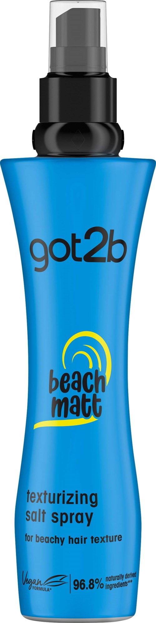 Blauwe sprayfles met label 'got2b beach matte' voor textuur uit zoutig haar. Bevat 96,8 % zout.