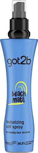 Blauwe sprayfles met 'Beach Matte' voor haar, met zwarte sproeikop.