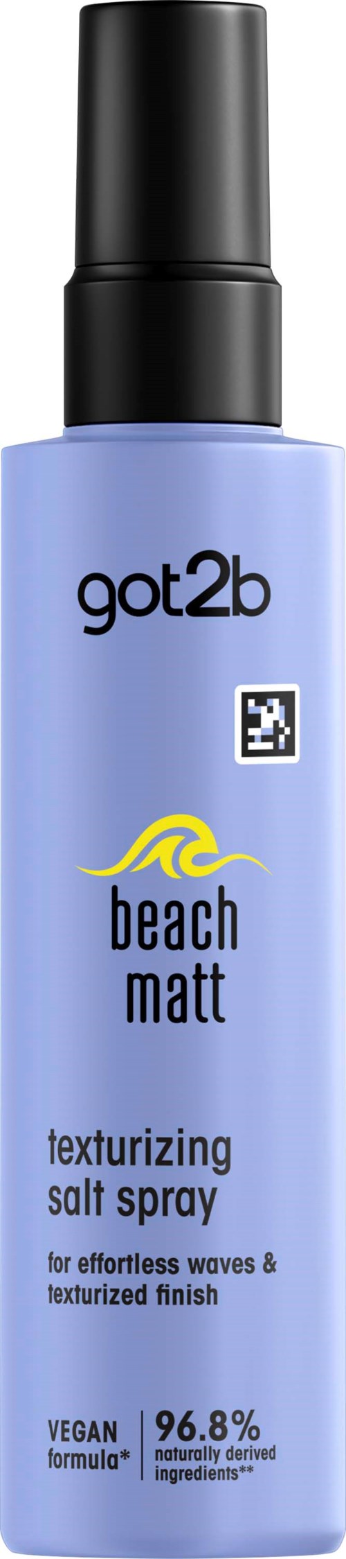 En ljusblå flaska med svart spraylock, märkt got2b beach matte texturizing salt spray för vågor och texturerat hår.