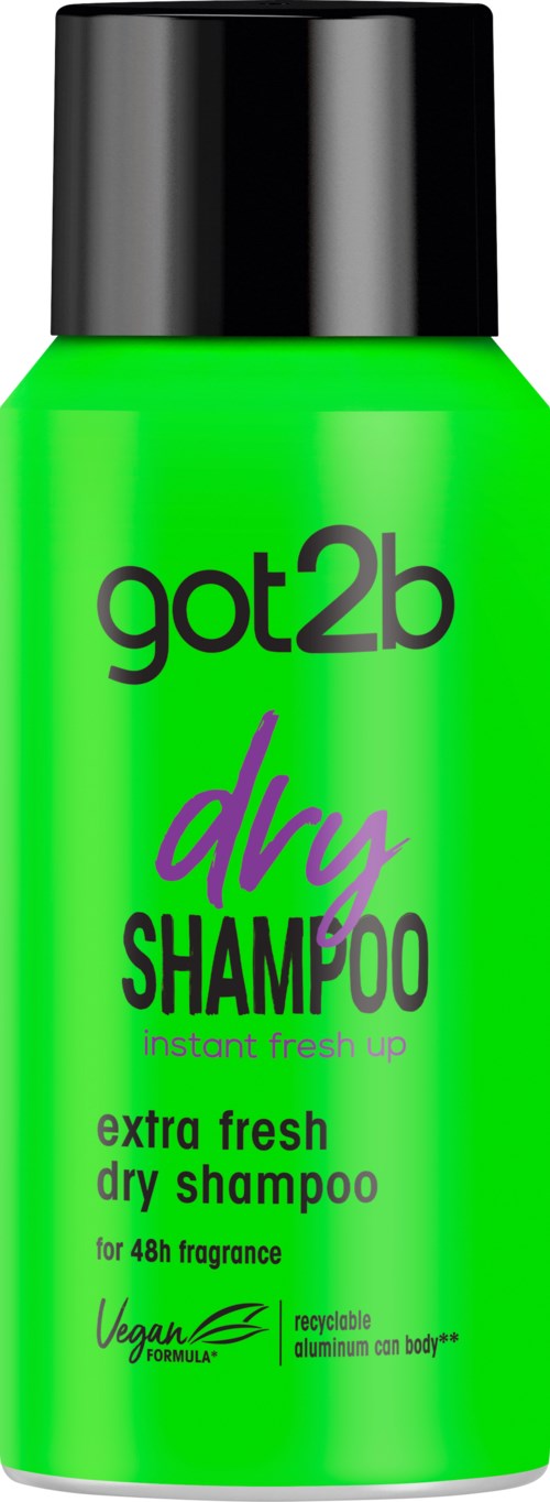 Heldergroene shampoo-fles met 'got2b dry SHAMPOO' voor 48 uur frisheid, vegan formule, snel drogend, zwarte dop.