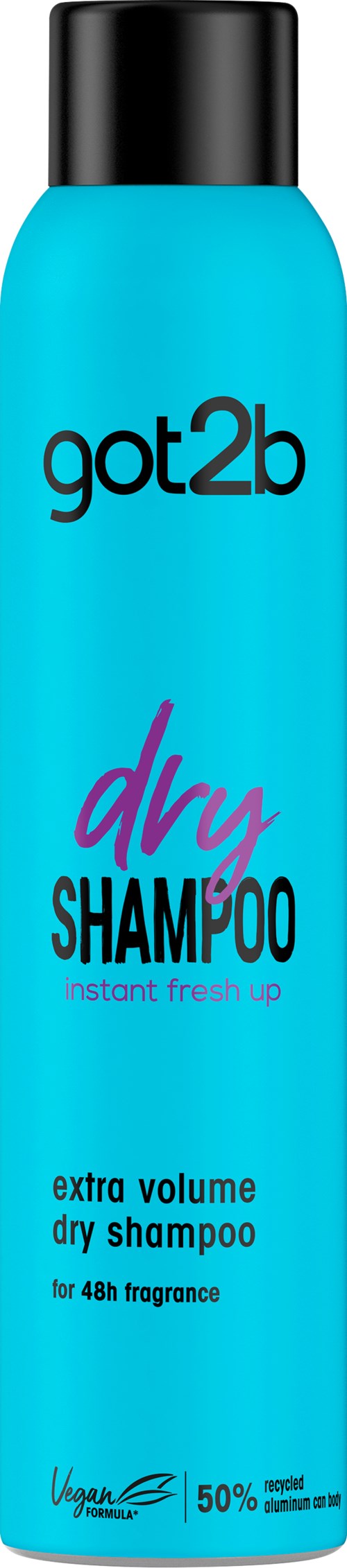 Een lange, blauwe fles got2b droogshampoo met een zwarte dop en diverse labels en teksten.