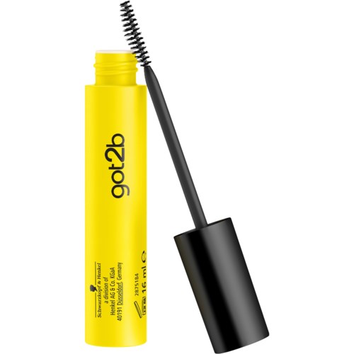A bright yellow tube of mascara with a black wand and brush. The cap is open, showing the brush.
