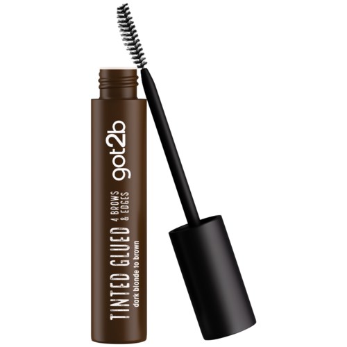 Een bruine tube wenkbrauwgel met een zwart borsteltje, gemarkeerd 'TINTED CLUE & BROWS'.