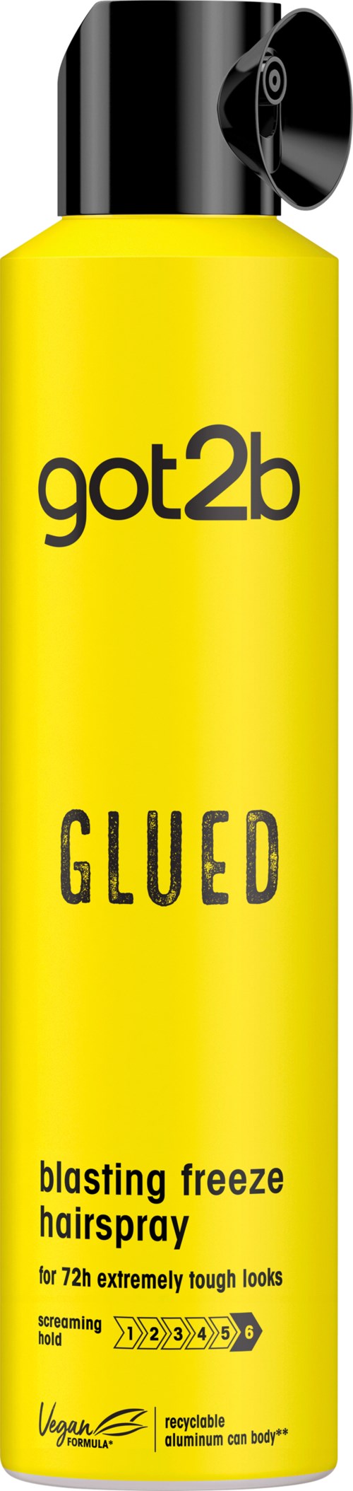 Een gele bus met 'got2b GLUED'-etiket en een zwarte spraydop, gebruikt voor sterk haarspray.