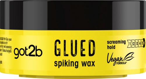 Een gele container got2b glued spiking wax met een schreeuwende afbeelding en een holdsterkheidsschaal.