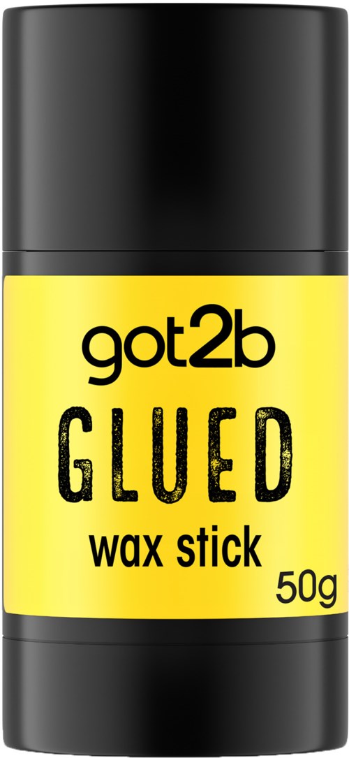Een gele en zwarte wasstiftcontainer met "got2b" en "GLUED" in vetgedrukte letters, 50g gewicht.
