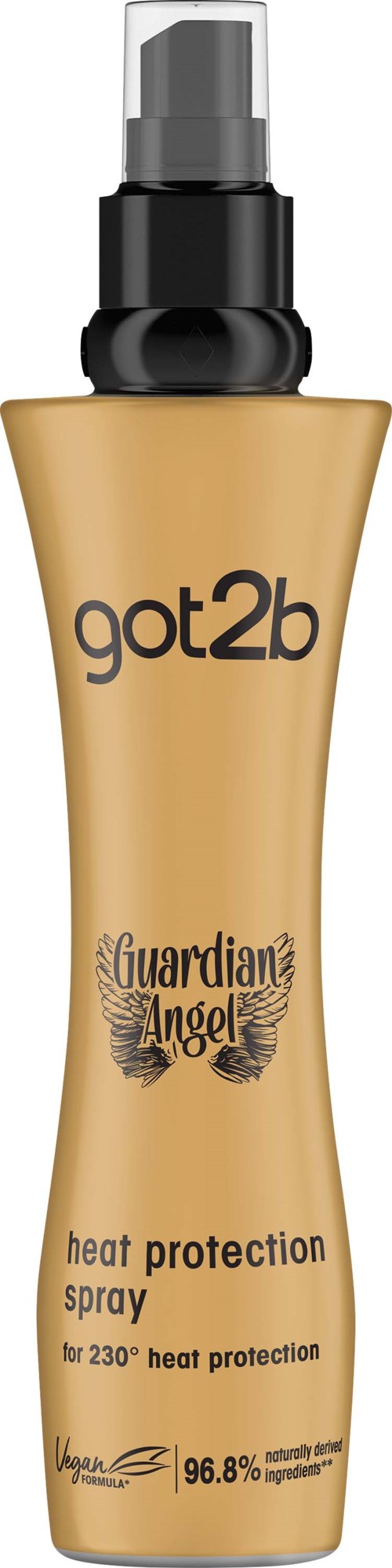 A gold-colored heat protection spray bottle with a black cap and a spray nozzle. The label says 'got2b' and 'Guardian Angel'.